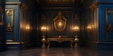 Golden Blue Palace Interior: Opulent Fantasy Design in Royal Castle - Digital Concept Art for Fictional Backdrops