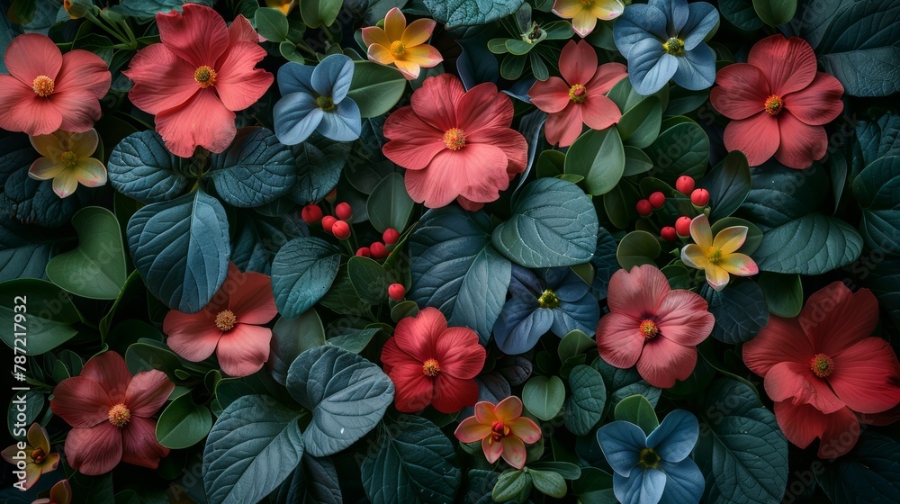 Floral backdrop adorned with vibrant, life-like flowers and lush greenery for spring photoshoots Floral backdrop adorned with vibrant, life-like flowers and lush greenery for spring photoshoots