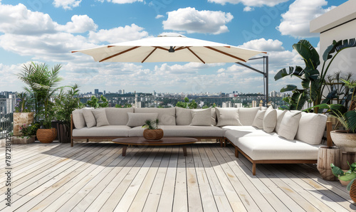 deck with white wood flooring, outdoor seating and umbrella for shade, overlooking city view with blue sky and clouds, plants in pots on the side of terrace photo