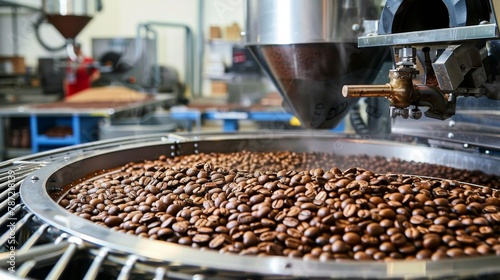 Aromatic coffee beans roasting on modern machine for rich, freshly brewed coffee