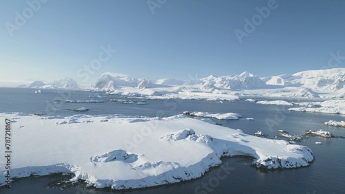 Arctic Epic Ocean Mountain Landscape Aerial View. North Antarctica Open Water Coast Majestic Landscape Overview. Global Warming Nature Concept Drone Flight