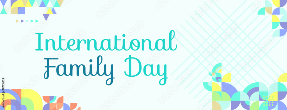 Obraz premium Geometric wide banner for International Family Day. Colorful abstract background for world family day. Happy Family Day greeting card cover with text and empty space for images.