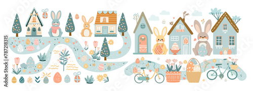 Happy Easter greeting card with rabbits and eggs in pastel colors spring holiday celebration card horizontal