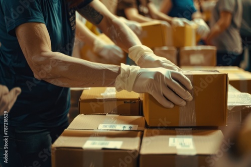 Hands busy and purposeful as they pack donation boxes for charity generative ai © Gilang