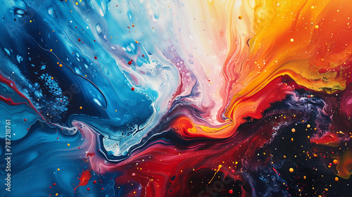 **Bold splashes of paint collide on canvas, forming an abstract background that exudes energy and movement.  photo