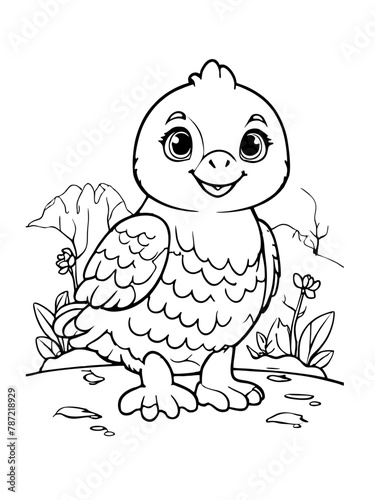 Simple, clean line art of a baby hawk in the happy savannah, on white background, vector.ai