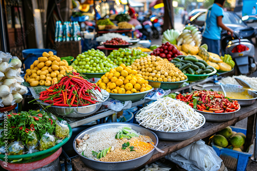 A vibrant and colorful scene of a Thai fruit market with an array of fresh fruits and vegetables on display