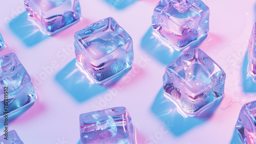 ice cubes on pink background   frozen water  cooling and coolness during the summer heat  high air temperature  hot day