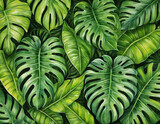 Paint drawing of large tropical leaves close-up