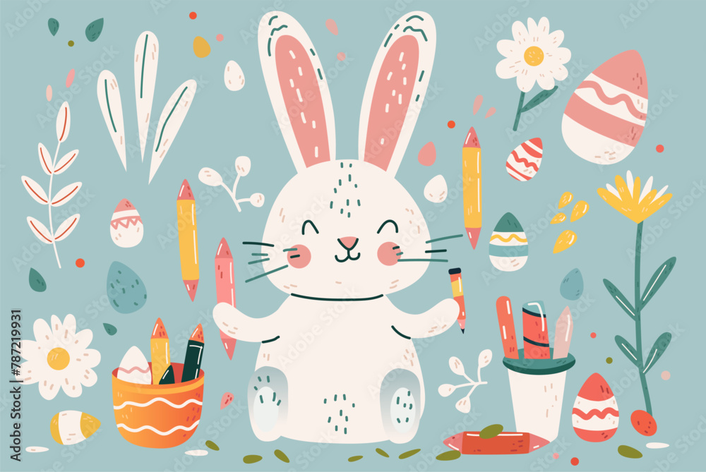 Happy Easter greeting card with rabbit and eggs in pastel colors spring holiday celebration card horizontal