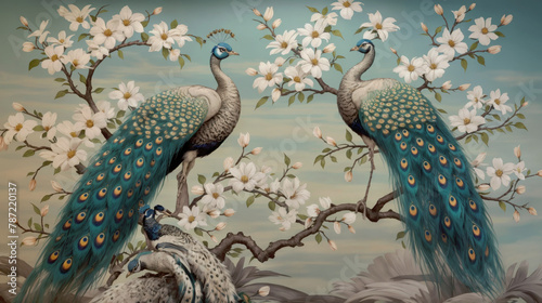 peacock and cherry blossoms in the forest wallpaper created with Generative AI technology