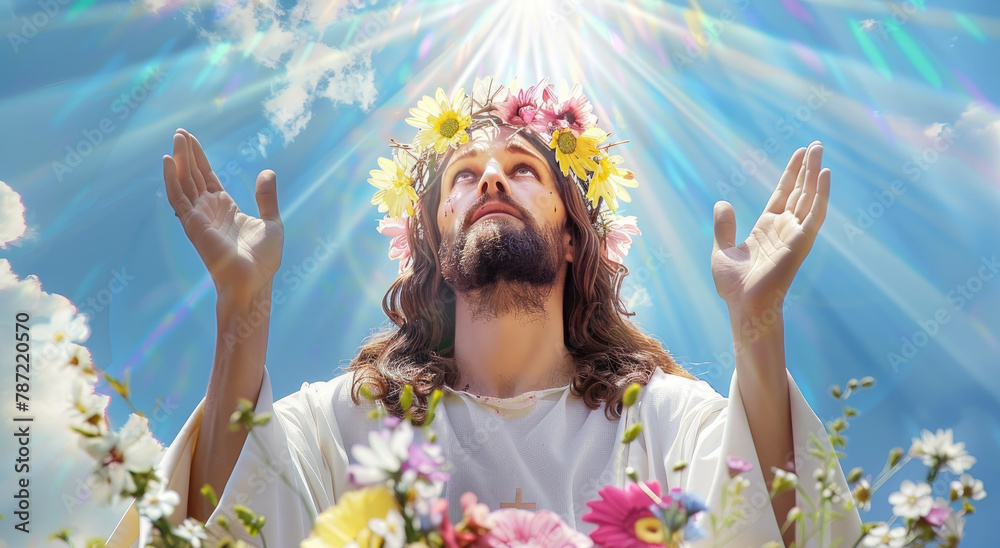 Fototapeta premium Jesus with his hands raised in prayer, blue background, rays of light shining from the sky and white cross on top