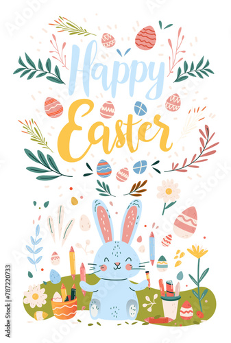 Happy Easter greeting card with eggs in pastel colors spring holiday celebration card vertical