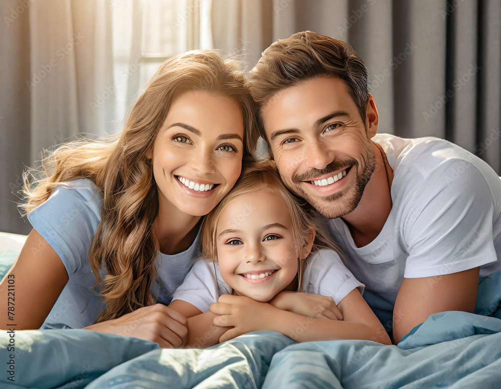 Parents and child lie in bed cuddling each other. Family, Children's Day, Mother's Day, Father's Day, free time, rest with family Parents and child lie in bed cuddling each other. Family, Children's Day, Mother's Day, Father's Day, free time, rest with family