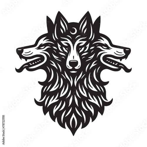 Mythical three-headed wolf. Cerberus. Vintage retro engraving illustration. Black icon, isolated element , Emblem, logo, coat of arms. © Victoria