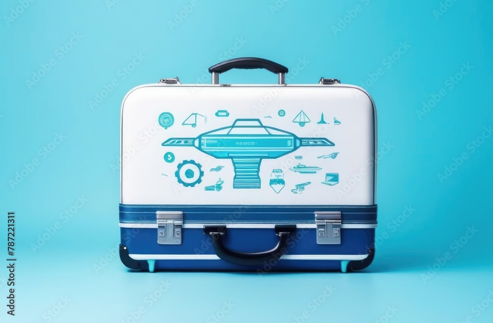 Cybernetics style suitcase, travel suitcase on plain background, space for text. Cybernetics style suitcase, travel suitcase on plain background, space for text.