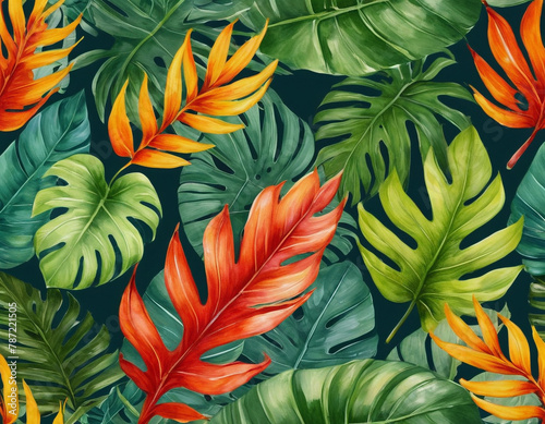Paint drawing of large tropical leaves close-up © Lina Design