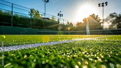 Detail of mown grass tennis court pre tournament, freshly trimmed surface ready for play