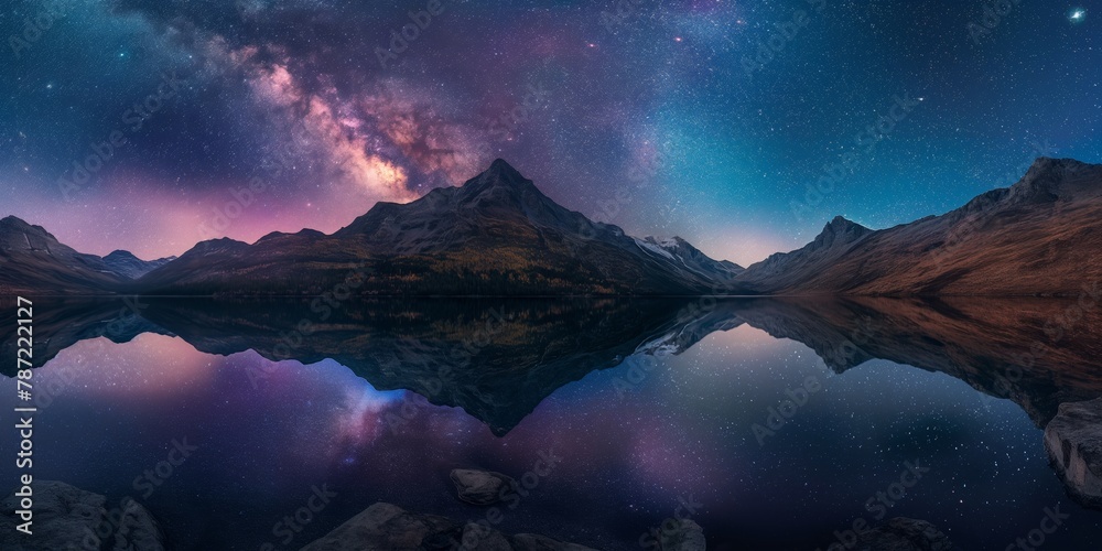 A breathtaking panoramic view of a mountain reflected in calm waters under a vibrant galaxy of stars in the nighttime sky
