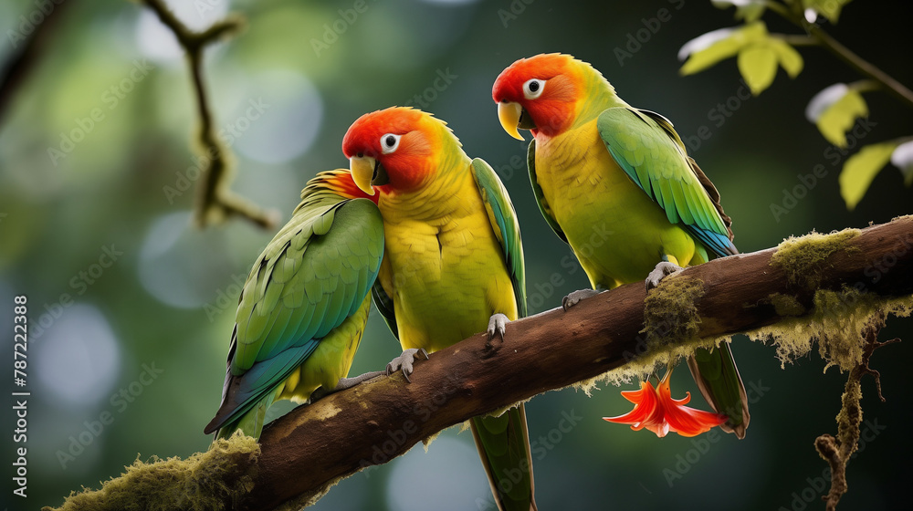 two parrots on a branch in love 