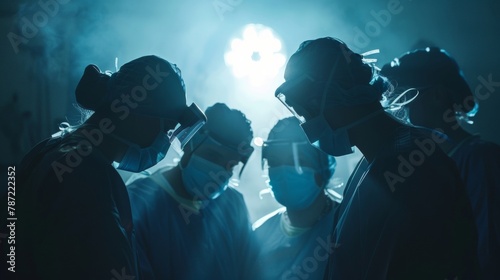 The silhouette of a group of doctors huddle together in a bright sterile operating room. Shrouded in the glow of surgical lights they work diligently to heal and save lives in their .