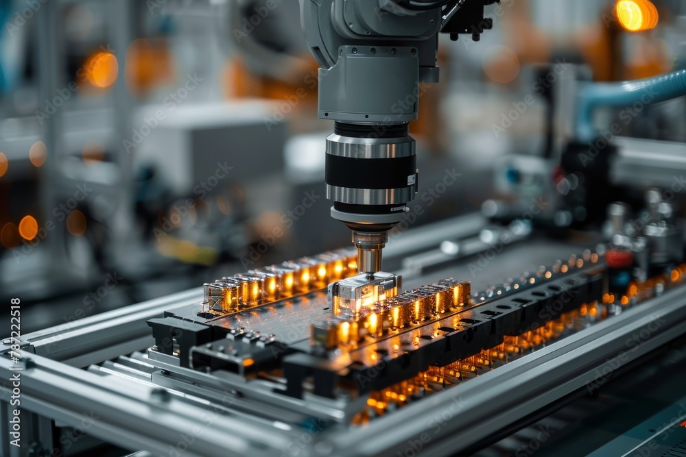 Naklejka premium Precision robotics handle intricate electronic components in a clean, state-of-the-art technology setting