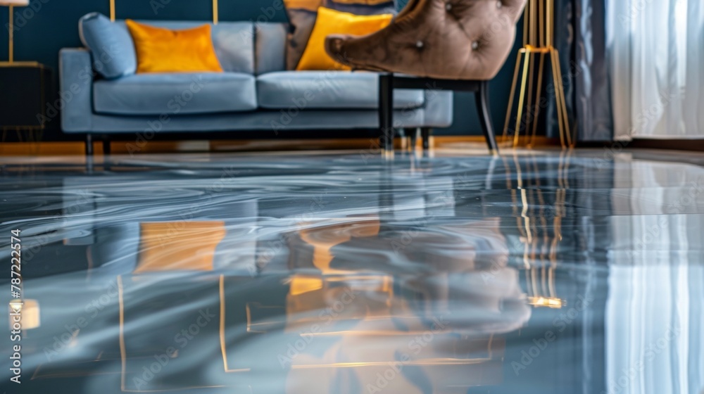 A glossy reflective epoxy resin floor adds an unexpected element to the room with its glossy finish reflecting the furniture and decor in the space. The smooth surface also enhances . - obrazy, fototapety, plakaty 