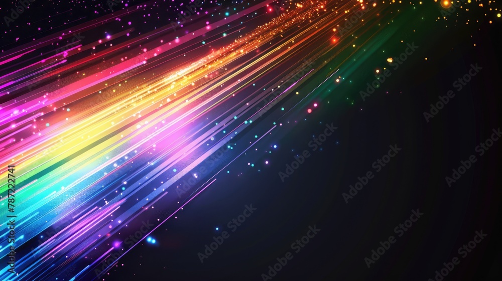 Black background with rainbow flare and speed light. Colorful light on dark background Black background with rainbow flare and speed light. Colorful light on dark background
