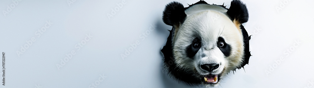 Obraz premium Header, banner with cute curious panda peeking through torn white paper background. 
