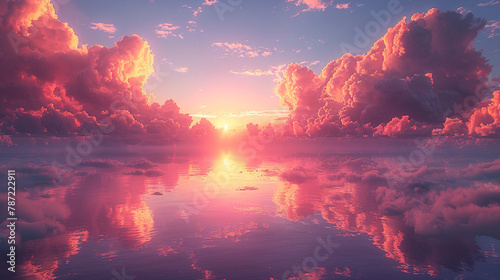 A magnificent sunrise unfolds, casting a soft, golden light over the tranquil waters below, while the clouds catch fire with hues of pink and orange, all captured flawlessly #787222911