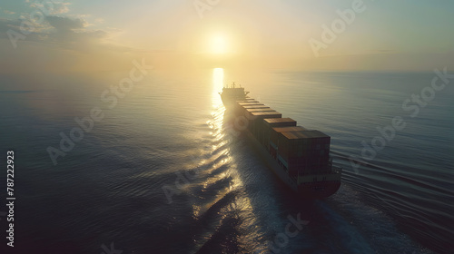 Aerial front view of a container cargo vessel traveling over the ocean with copy space as a banner : Generative AI