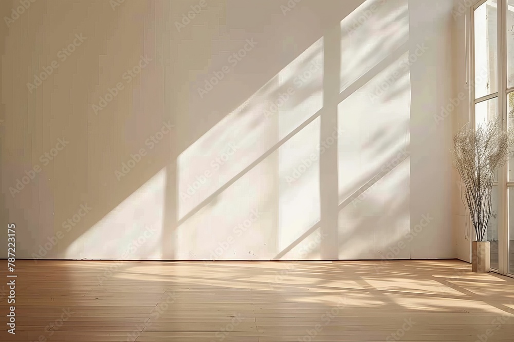 Fototapeta premium Empty room interior with concrete walls, grey floor with light and soft skylight from window. Background with copy-space. . Beautiful simple AI generated image in 4K, unique.