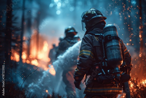 A dramatic and powerful depiction of firefighters battling a raging forest fire surrounded by intense flames and smoke