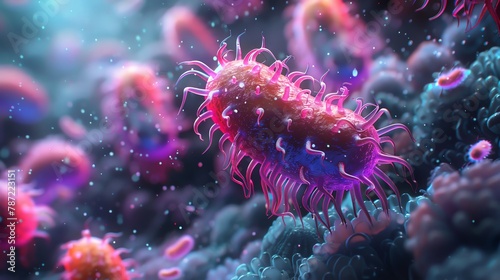 Digital depiction of a neon-colored pathogen against a backdrop of cellular structures, highlighting the beauty of microbiology.