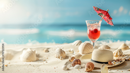 Cocktail on the beach. Marine background with copy space.