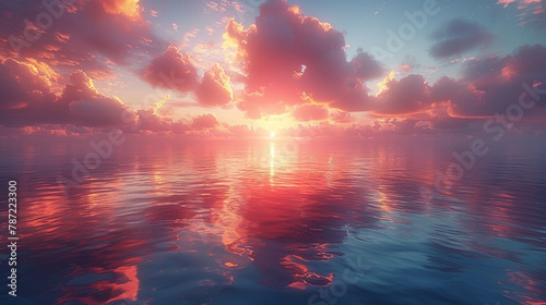 A magnificent sunrise unfolds, casting a soft, golden light over the tranquil waters below, while the clouds catch fire with hues of pink and orange, all captured flawlessly photo