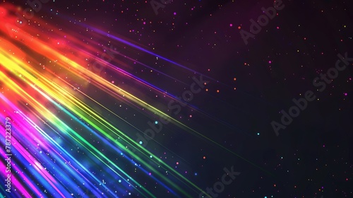 Black background with rainbow flare and speed light. Colorful light on dark background