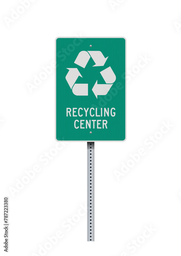 Vector illustration of the recycling center green road sign on metallic post photo