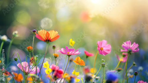 Vibrant Wildflowers Basking in Soft Sunlight with a Bokeh Background. Generative AI © Volodymyr