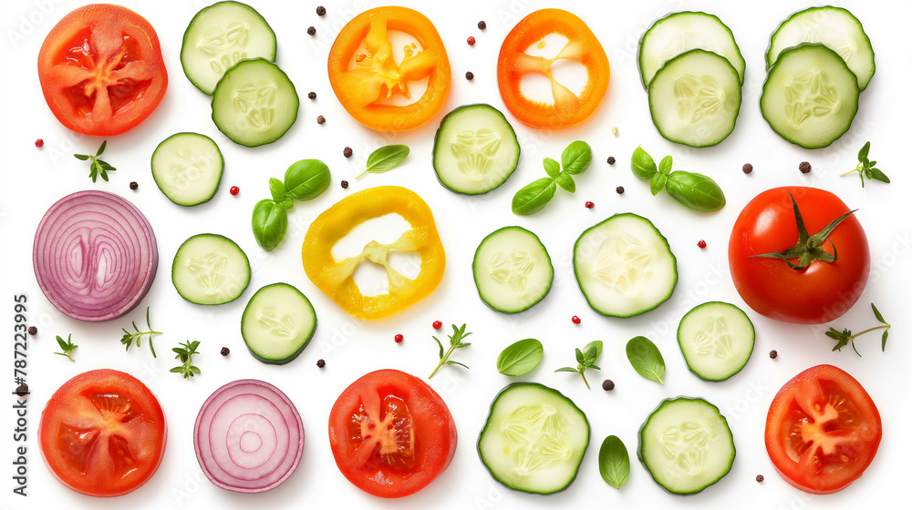 Sliced and Whole Fresh Vegetables with Herbs and Spices on White Background. Generative AI Sliced and Whole Fresh Vegetables with Herbs and Spices on White Background. Generative AI