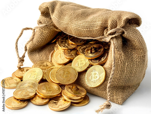 Overflowing bag of golden Bitcoins soft shadow, direct view, pristine white, investment theme photo