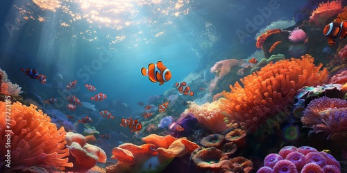Bright clownfish swaying with their host anemone against light rays penetrating the ocean depths photo