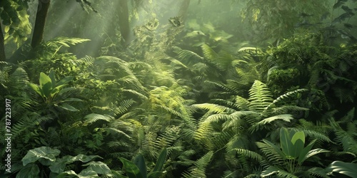 A serene forest scene with sun rays piercing through the mist illuminating vibrant green ferns, leaves, invoking a feeling of tranquility and nature's beauty