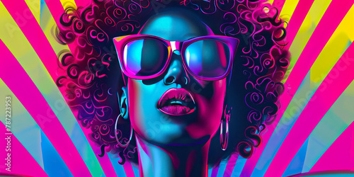African American funk woman. Disco, funk and soul. Musical lifestyle background. Fashionable hippie girl
