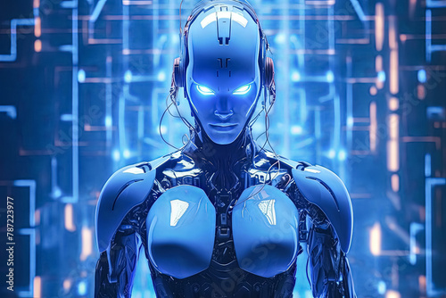 A woman in a blue robot suit with a blue face and blue hair