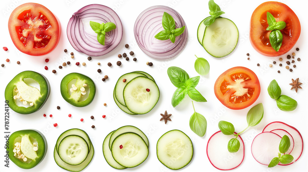Sliced and Whole Fresh Vegetables with Herbs and Spices on White Background. Generative AI Sliced and Whole Fresh Vegetables with Herbs and Spices on White Background. Generative AI