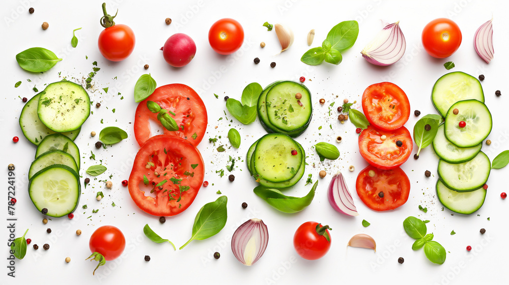 Sliced and Whole Fresh Vegetables with Herbs and Spices on White Background. Generative AI Sliced and Whole Fresh Vegetables with Herbs and Spices on White Background. Generative AI