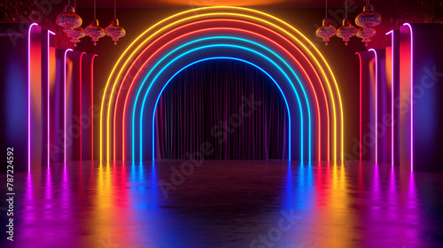 Neon Rainbow Archway Entrance with Glowing Lanterns in a Dark Room Reflecting on Glossy Floor. Generative AI 