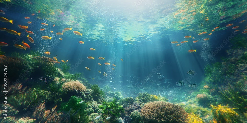 An enchanting underwater landscape showing a coral reef bathed in sunlight filtering down from the surface