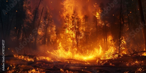An intense depiction of a forest fire, capturing its destructive power and the urgent need for fire prevention